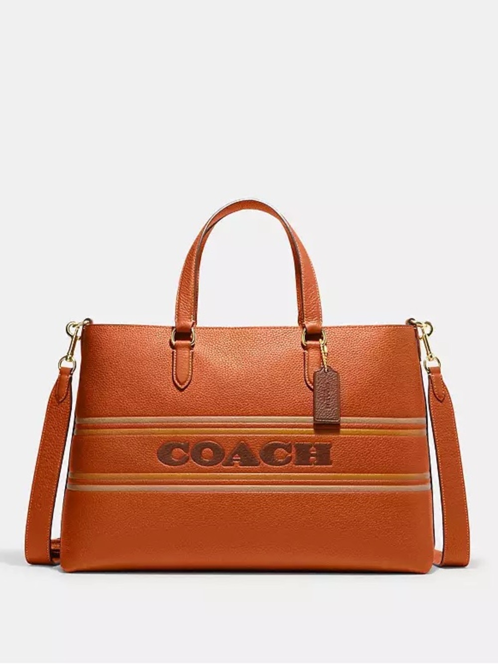 COACH LOGAN CARRYALL Orange Leather Tote with Signature Stripe and Logo